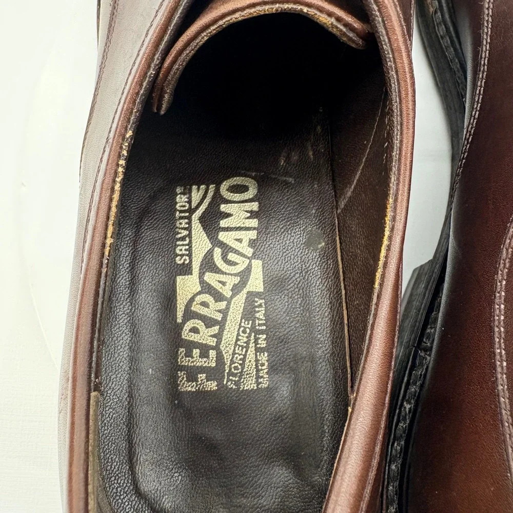 Salvatore Ferragamo Mens‎ Dark Brown Leather Square Toe Lace Up Dress Shoes